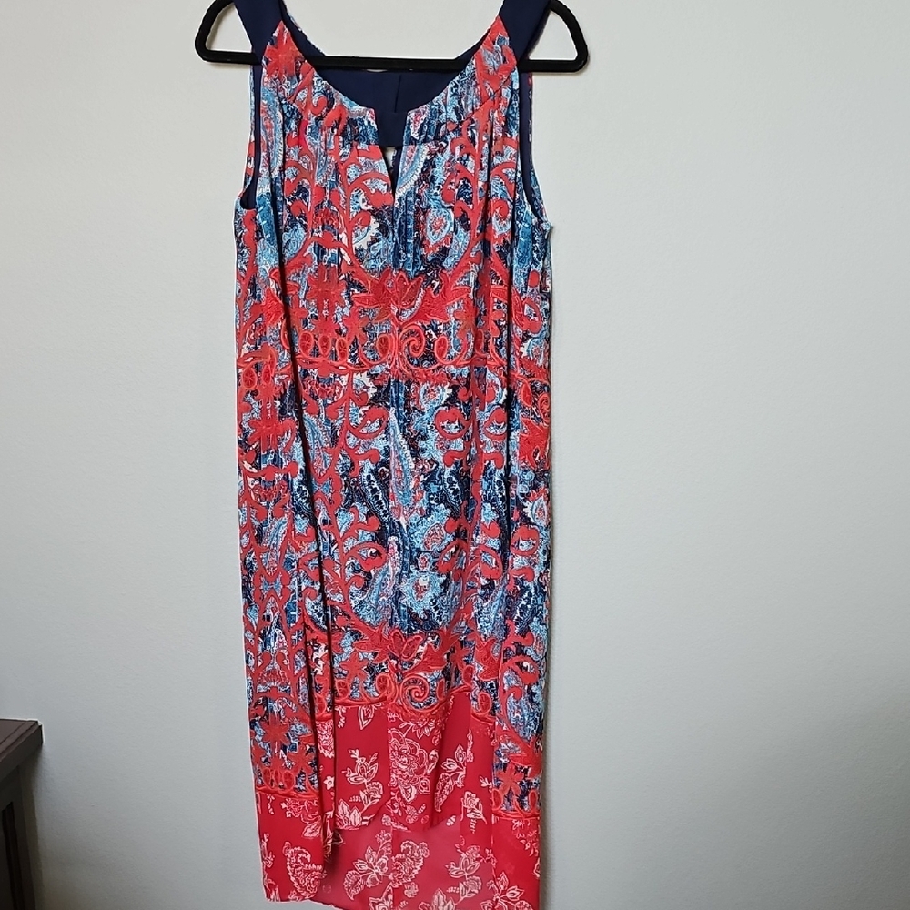 Dressbarn Plus Size Casual Summer Boho Vibrant Red Blue Paisley Midi Dress 20